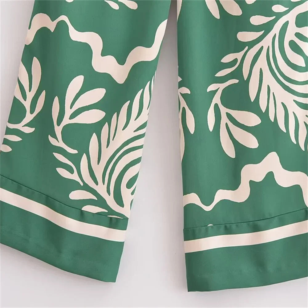 Casual Fashion Printed Collar Long Sleeve Shirt and Drawstring Pants Set for Women