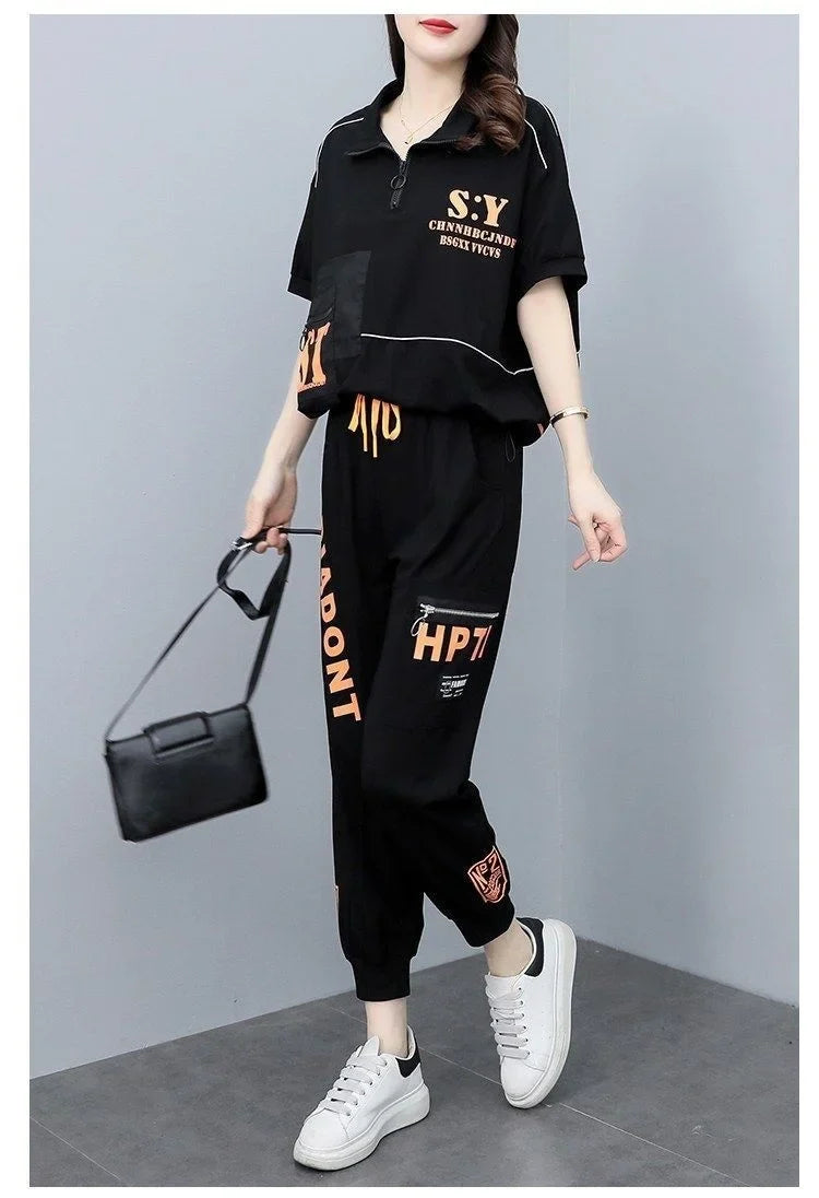 Women's Summer Korean Style Sports Suit Loose Short Sleeve Top and Pencil Pants Two Piece Set