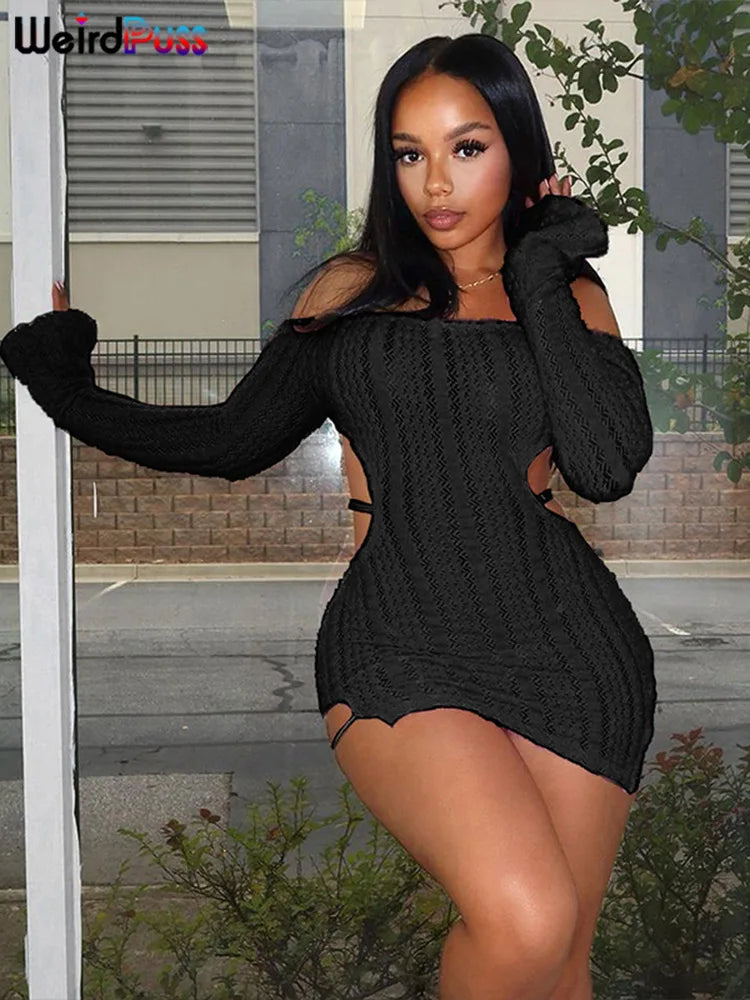 Backless Knit Bodycon Dress Women Slash Neck Chic Elegant