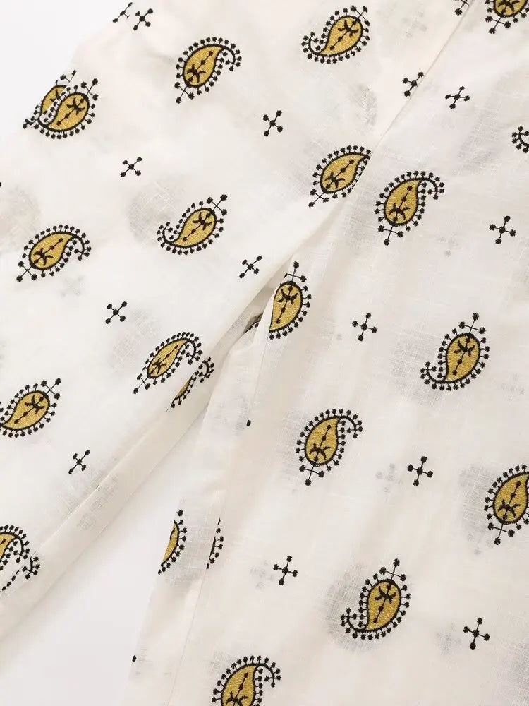 Vintage Women Embroidered Cardigan Coat and Wide Leg Trousers 2 Piece Outfit Set