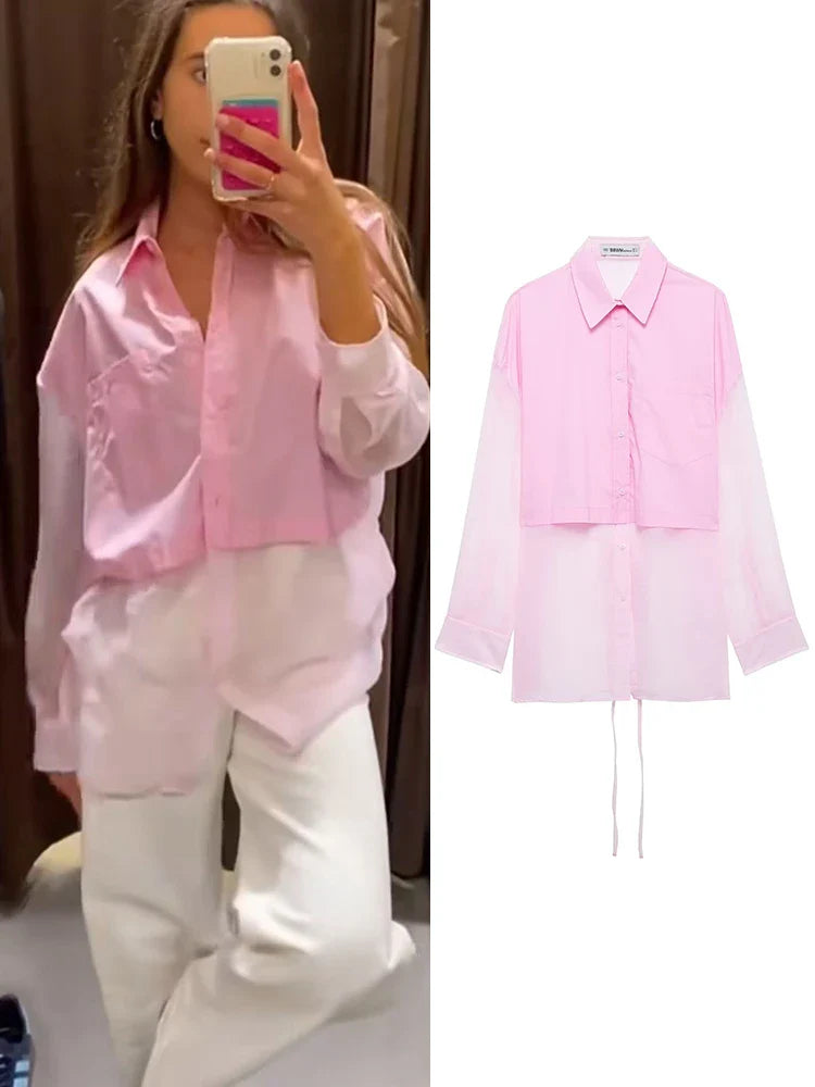 Women's Patchwork Translucent Blouse with Lace-Up Detail Casual Lapel Single-Breasted Long Loose Top for Spring and Summer