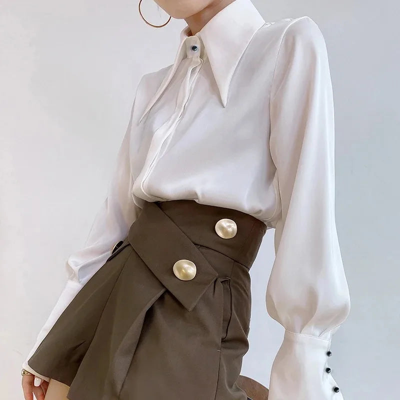 Elegant Turn Down Collar Satin Silk Blouse Vintage Button Closure White Lantern Sleeve Office Lady Shirt Chic Feminine Top