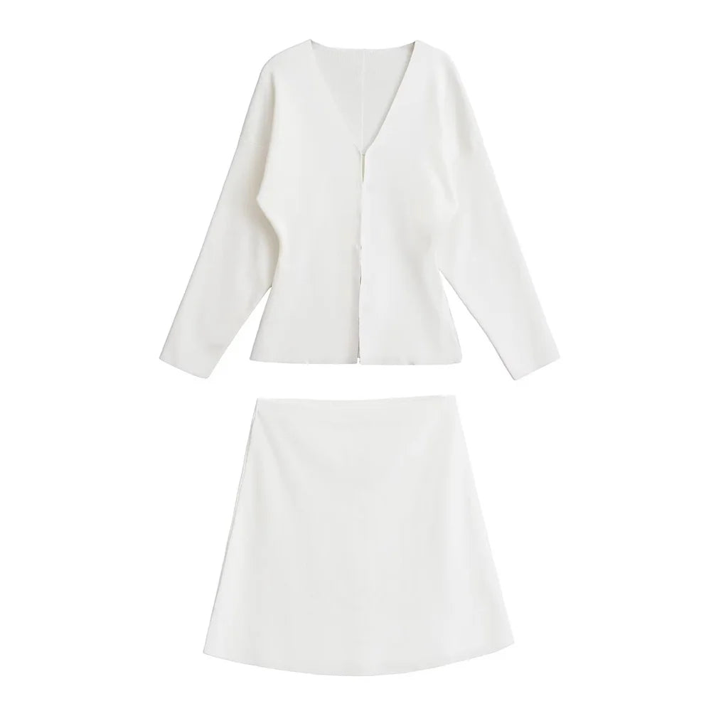Women's Casual V-Neck Long Sleeve Knitted Cardigan and Short Skirt Set Slim Fit Stylish Two-Piece Outfit
