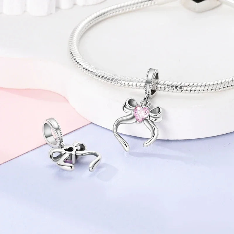 Fit 925 Sterling Silver Bow Perfume Bottle Pink Charms Beads for Women DIY Jewelry Gifts