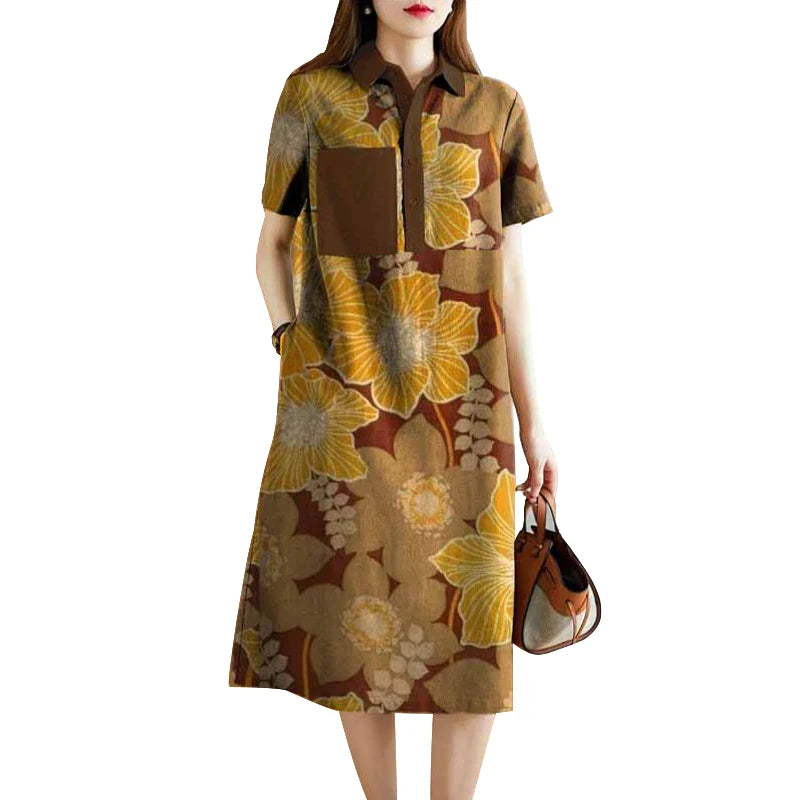 Bohemian Floral Shirt Dress For Women Vintage Short Sleeve