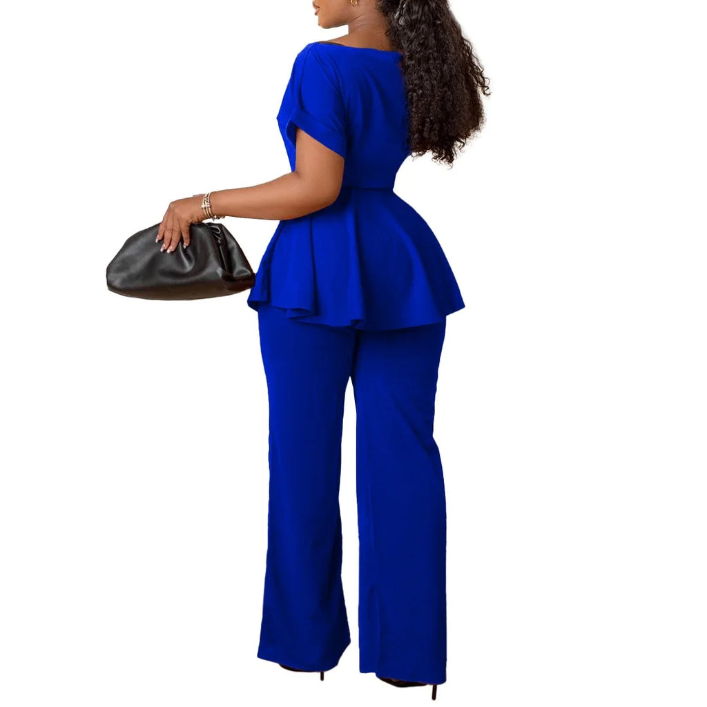 Women's Elegant 2 Piece Pants Set with Solid Blouse Short Sleeve O Neck and Long Trousers
