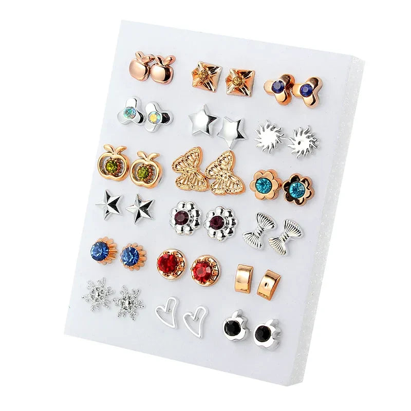 18 Pairs Gold Silver Enamel Pearl Flower Heart Stud Earrings Set for Women Colorful Butterfly Jewelry Gift Mix Styles
