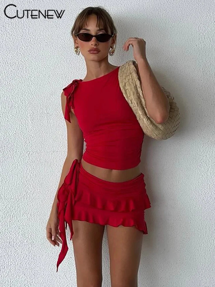 Women's Halter Lace-Up Two-Piece Set with Spaghetti Strap Camisole and Slim Fit Mini Skirt Stylish Streetwear Dress Suit