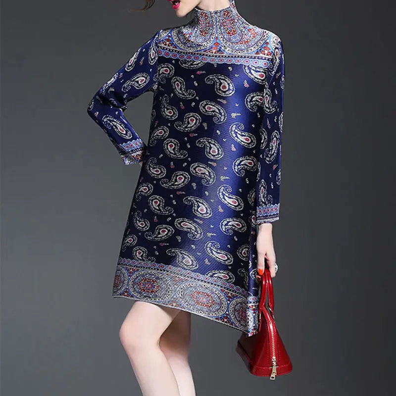 Retro Pleated High Neck Plus Size Dress For Women Casual