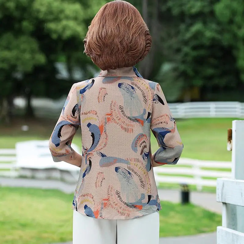 Summer Women's Floral Print Chiffon Pullover Shirt with Square Collar Half Sleeves Loose Elegant Button-Up Vacation Top