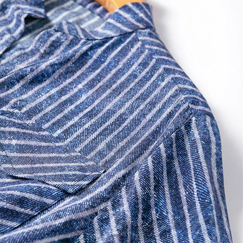 Women 100 Percent Mulberry Crepe Silk Shirt Blue Jeans Stripe Printed Three Quarter Sleeve Pullover Blouse Elegant Office Top in M L XL