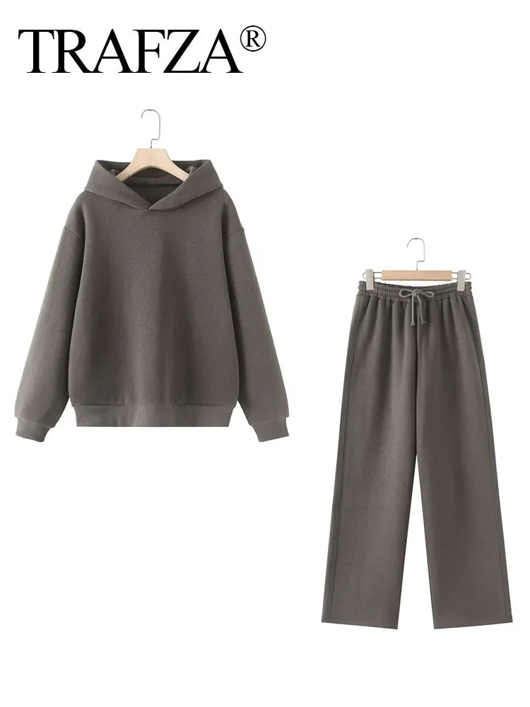 Solid Hoodie Top and Wide Leg Long Pant Set for Women with Elastic Waist and Chic Lace-Up Design