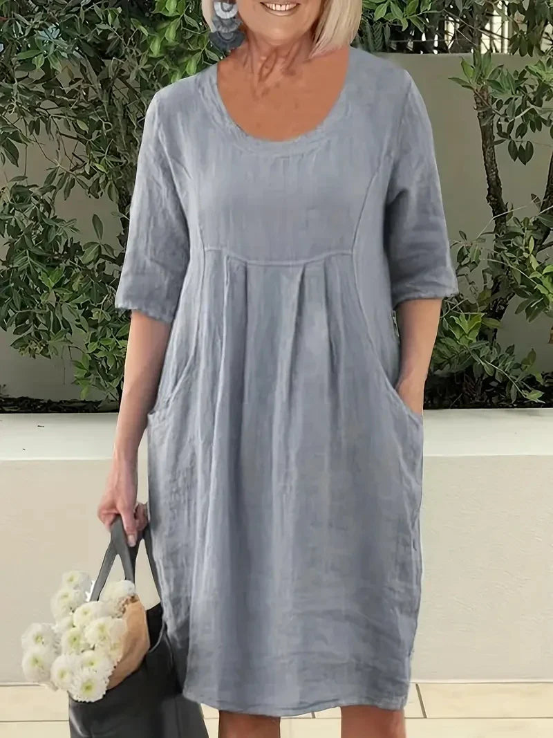 Cotton Lightweight Casual Five Sleeve Dress In Plain Color