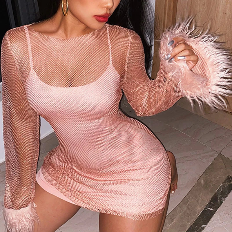 Black Mesh Bodycon Dress Long Sleeve Women Clubwear