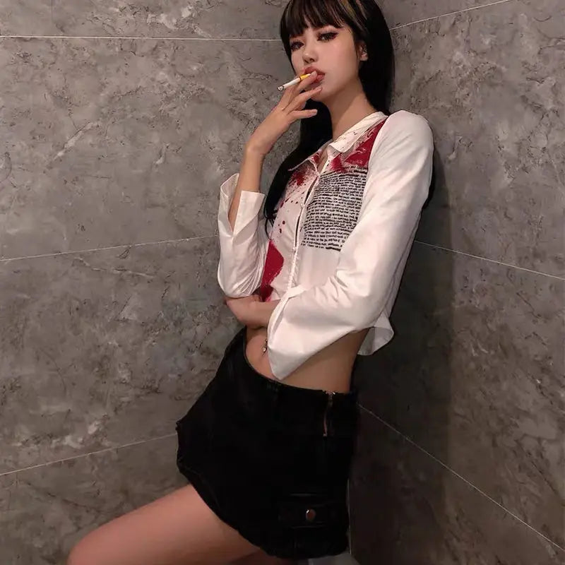 Y2K Slim Fit Long Sleeve Printed Crop Top for Women Stylish Button Front Short Blouse Party Shirt