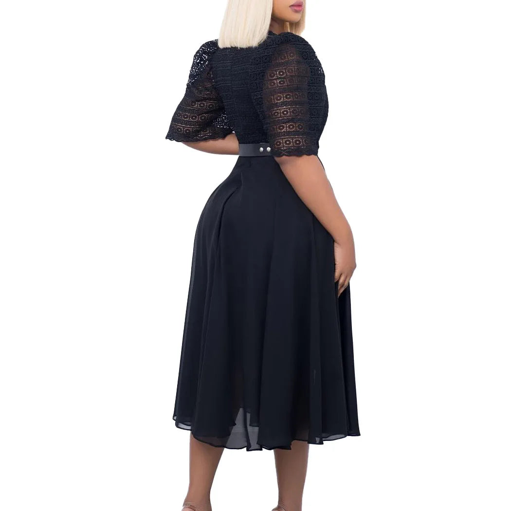 Square Neck Lace Dress Belt A Line Flare Sleeve Mid Calf