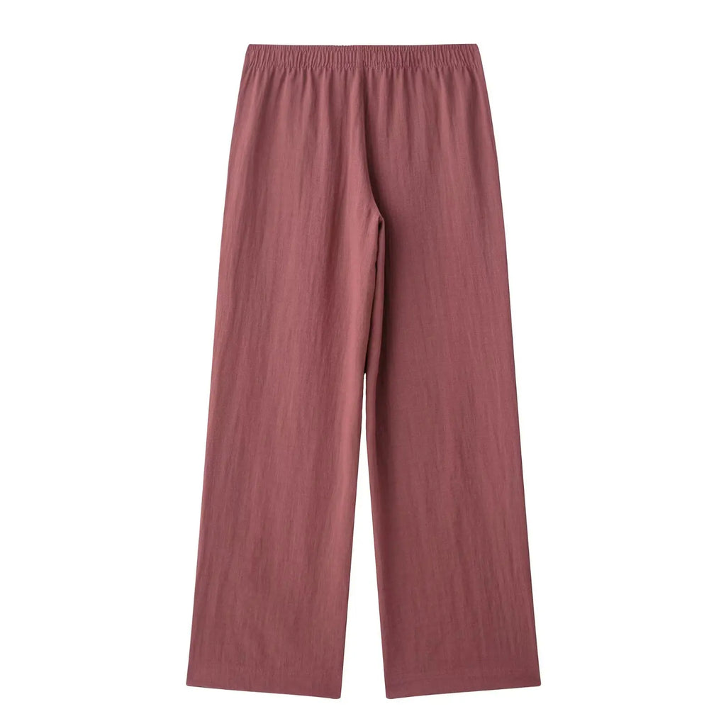 Women's V-Neck Long-Sleeve Side Tie Kimono Top and Elastic Waist Trousers Casual Chic Suit