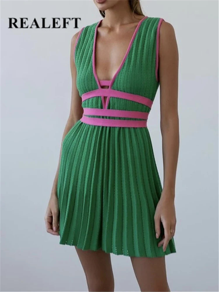 Summer V Neck Knit Dress For Women Sleeveless High Waist