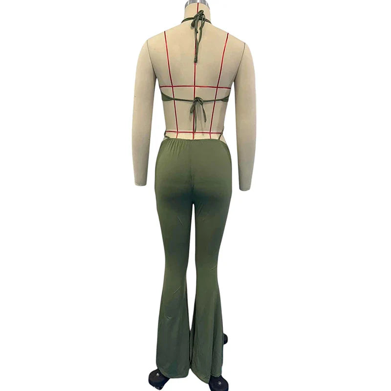 Stylish Women's Sleeveless Halter Neck Jumpsuit with Hollow Out Back and Nipped Waist Skinny Flare Pants Romper