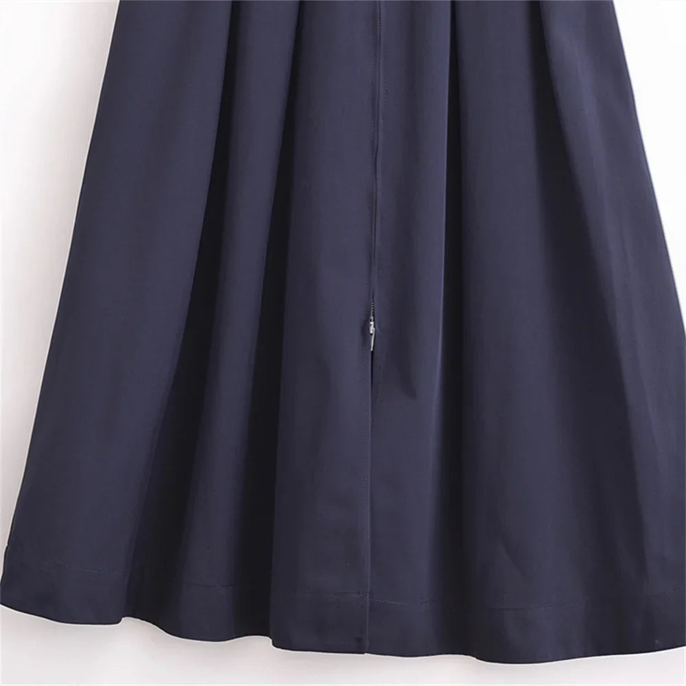 Zipper V Neck Midi Dress For Women Solid Color Casual Wear