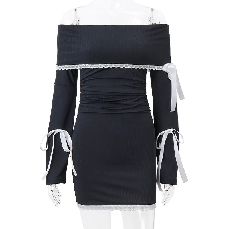 Black Lace Knit Mini Dress Off Shoulder Strapless Party