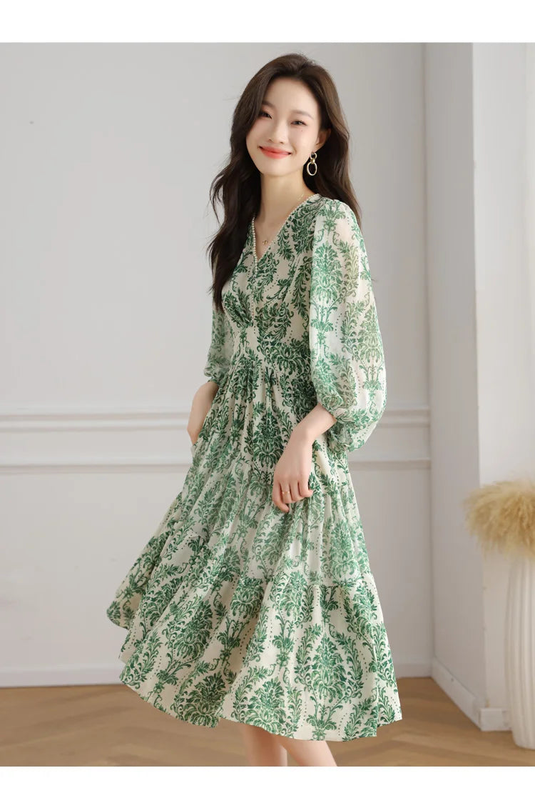 Floral Chiffon Dress For Women V Neck A Line Dress