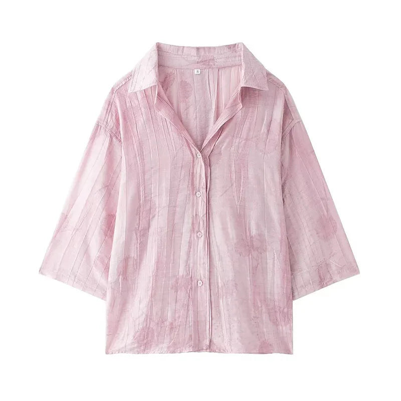 Jacquard Shirt Pants Suit for Women with Lapel Half Sleeve and Pockets, Wide Leg Pant Set for Summer Streetwear