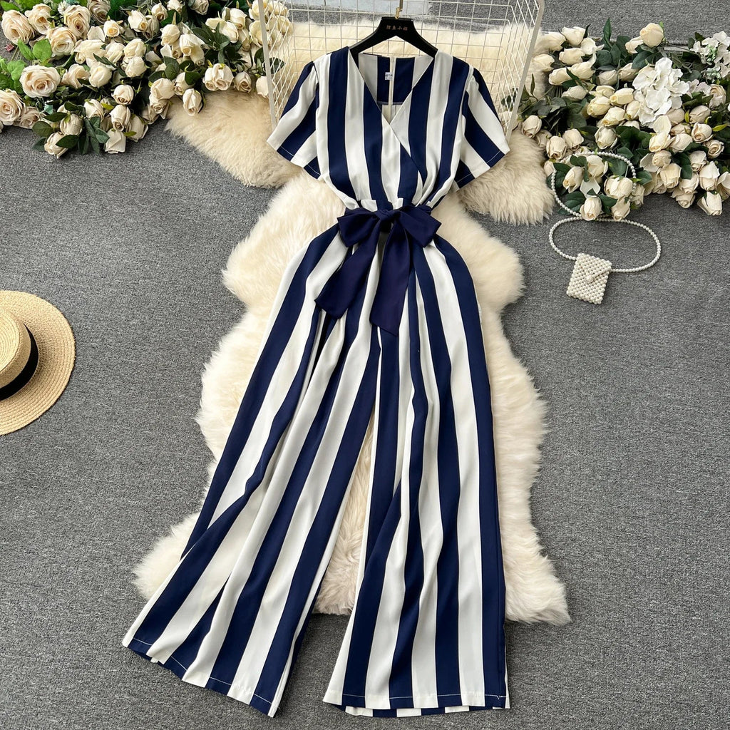 Sleeveless V Neck Stripe Jumpsuit for Women with Lace Up Bow Detail Summer Long Romper High Street Korean Inspired Style