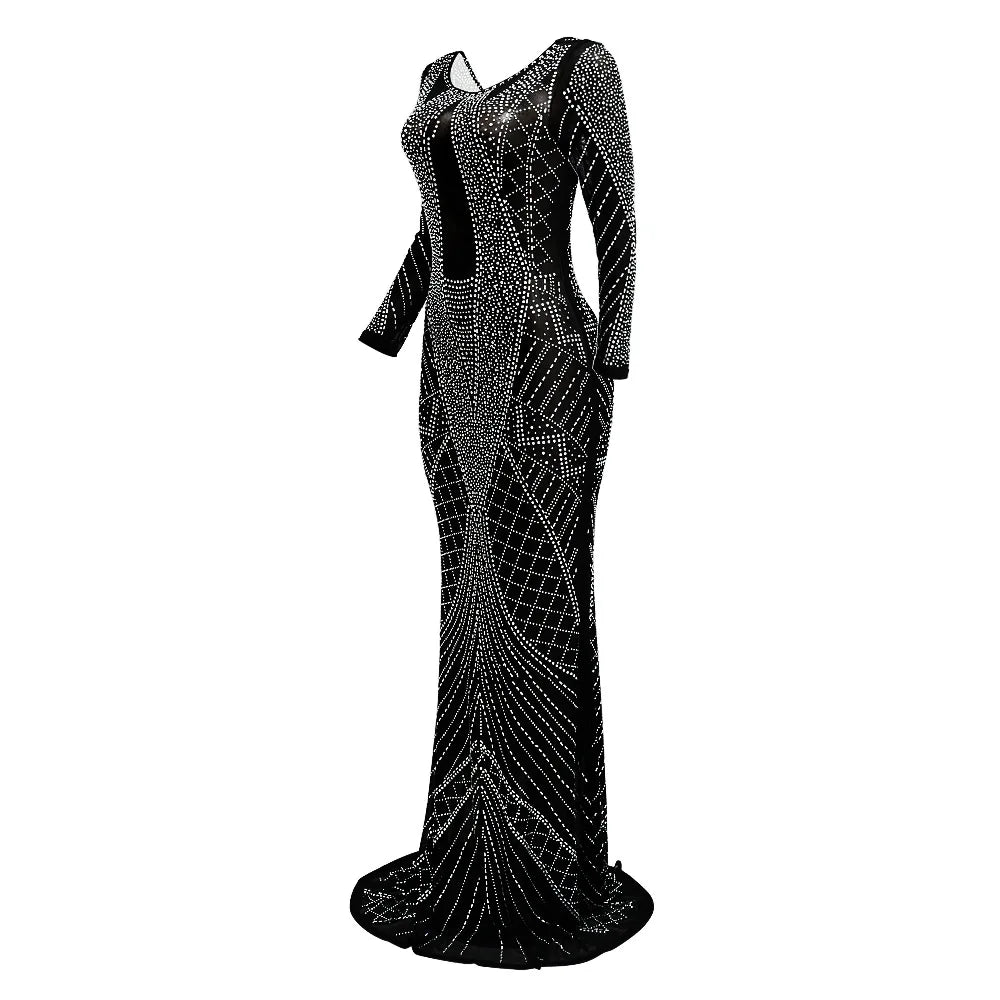 Sexy Mesh Diamond Embellished Maxi Dress for Evening Party