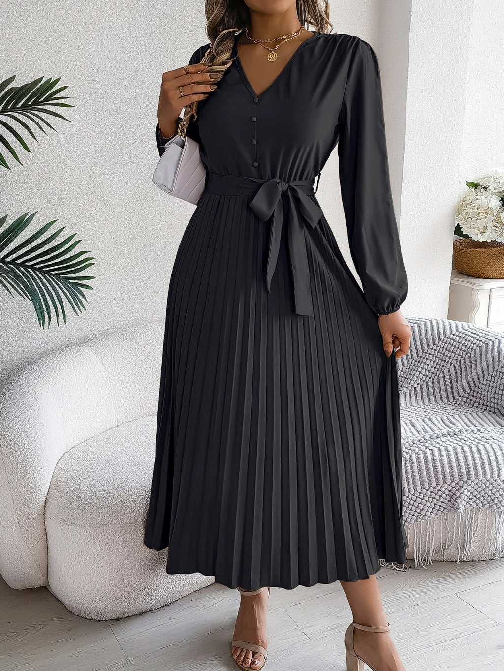 Elegant Autumn V Neck Belted Pleated Long Sleeve Dress