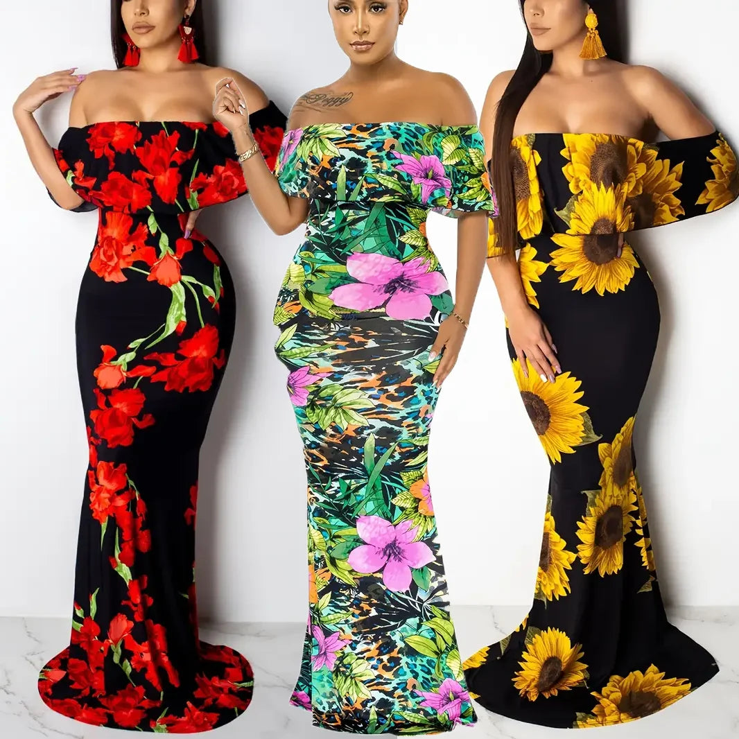 Floral Print Maxi Dress Off Shoulder Bodycon Silhouette