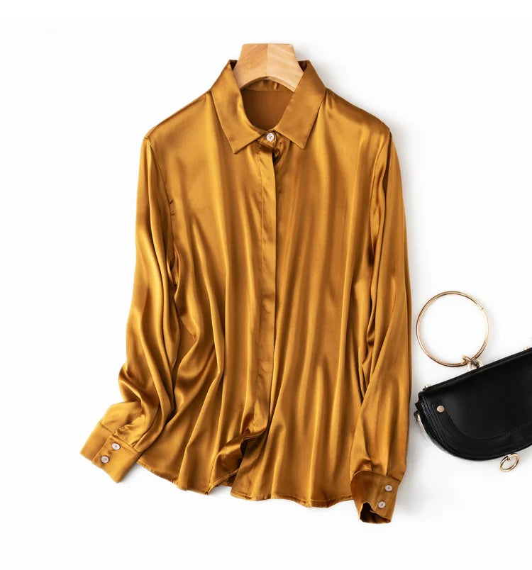 Women Satin Silk Shirt 93% Mulberry Silk 7% Spandex 19 Momme Classic Long Sleeve Blouse Solid Color Office Top for Women M L XL XXL
