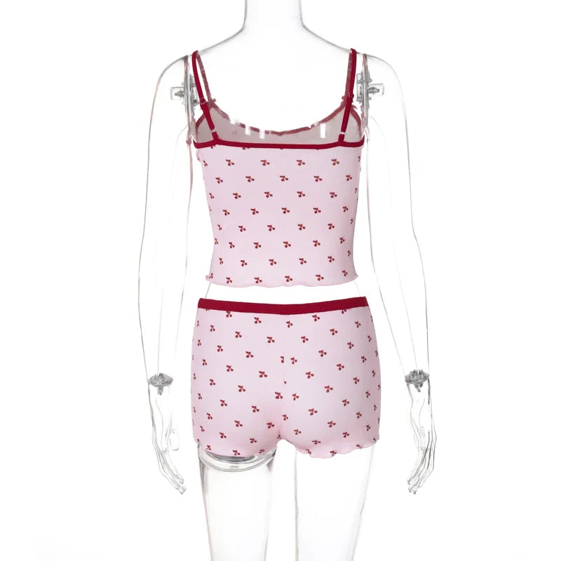 Cherry Print Two-Piece Matching Set with Slim Crop Camisole Top and Bow-Accent Shorts Summer Casual Festival and Workout Outfit for Women