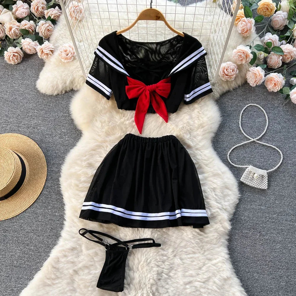 Kawaii Japanese Sailor Girl Cosplay Uniform Set Sexy Short Sleeve Crop Top with Bow and Elastic Waist Striped Mini Skirt