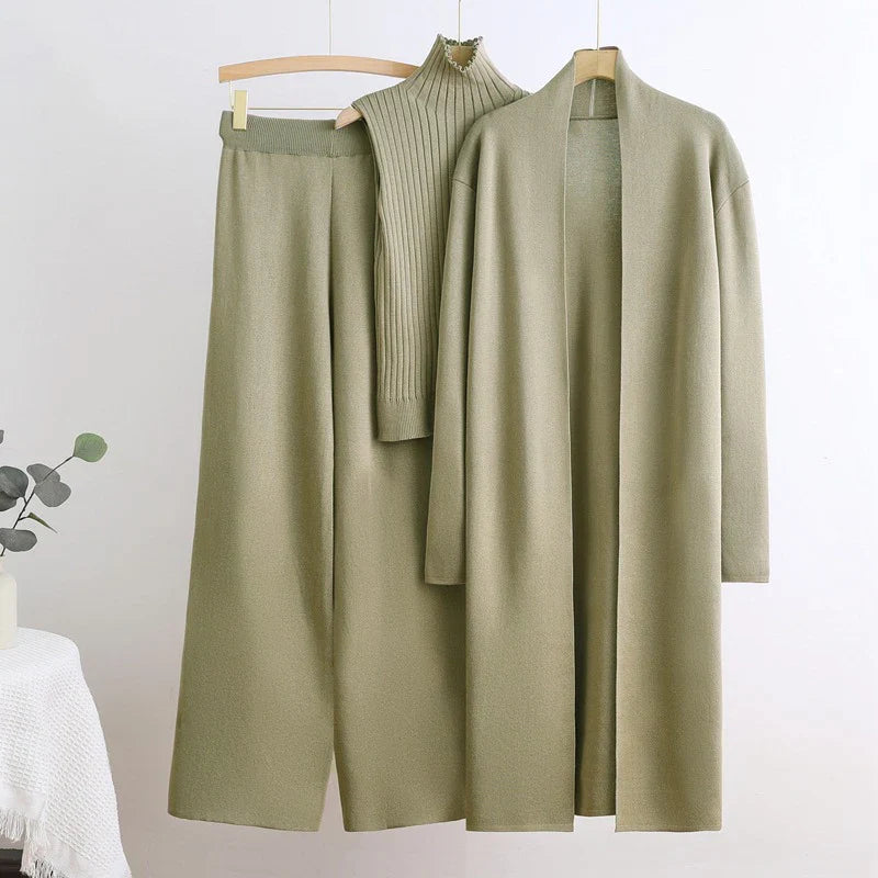 Elegant Women's Knitted 3-Piece Winter Outfit Set with Long Sleeve Cardigan, High Neck Vest, and Wide Leg Pants