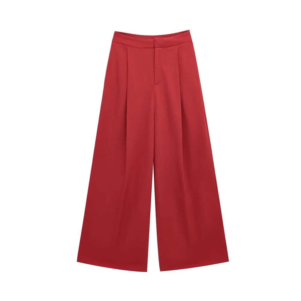 Women's Buttoned Top and Double Pleated Pants Set for Casual Spring and Summer Fashion