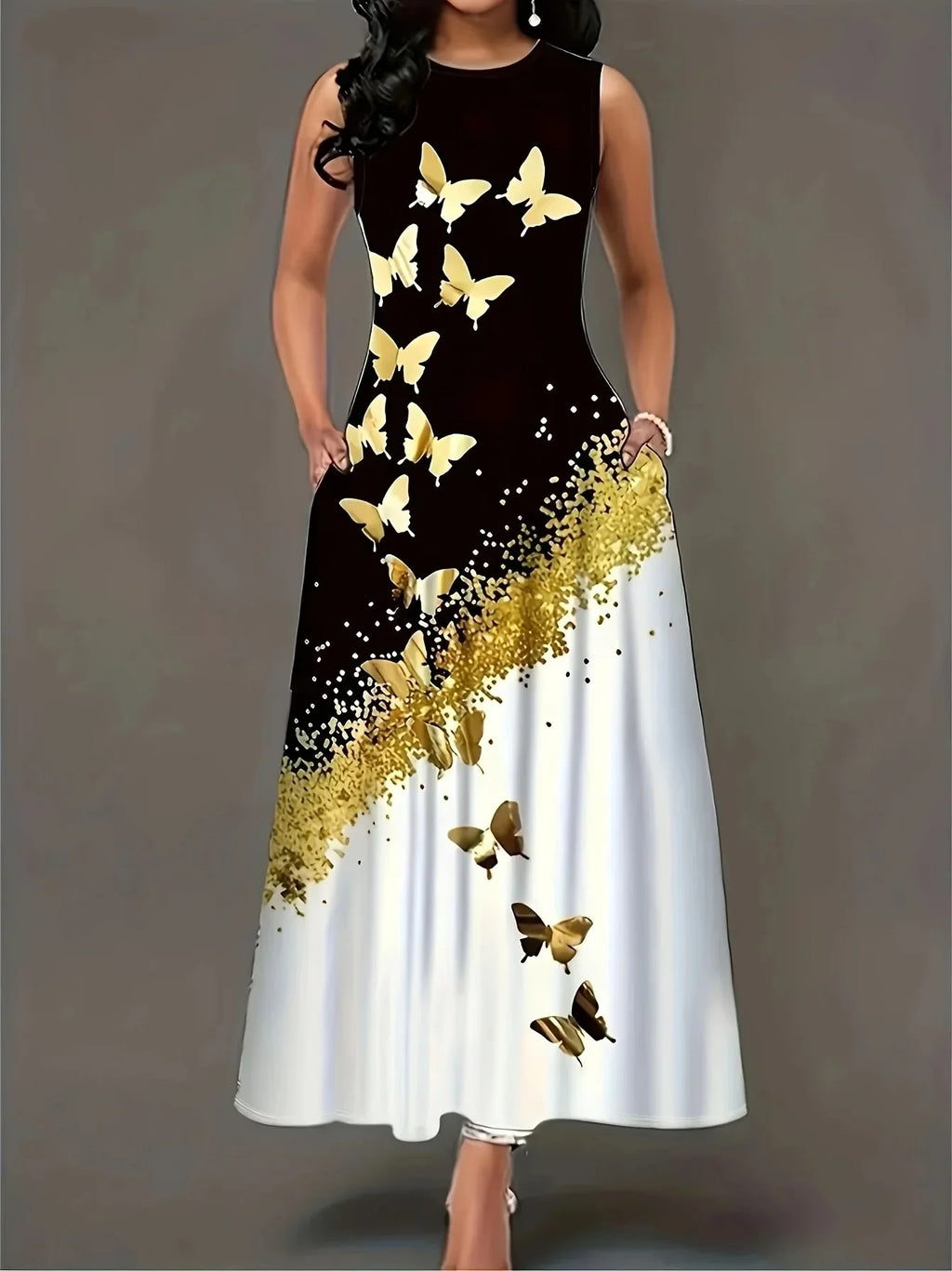 Butterfly Print A Line Summer Dress Front Pockets Style