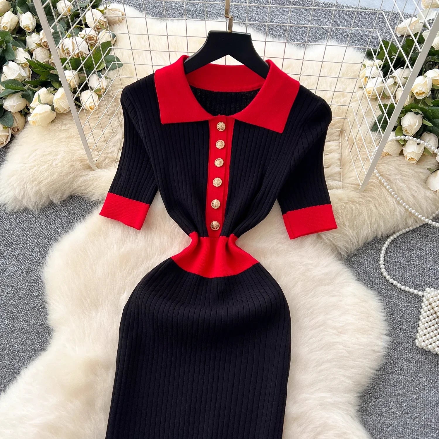 Patchwork Knitted Polo Collar Dress For Women Spring Summer
