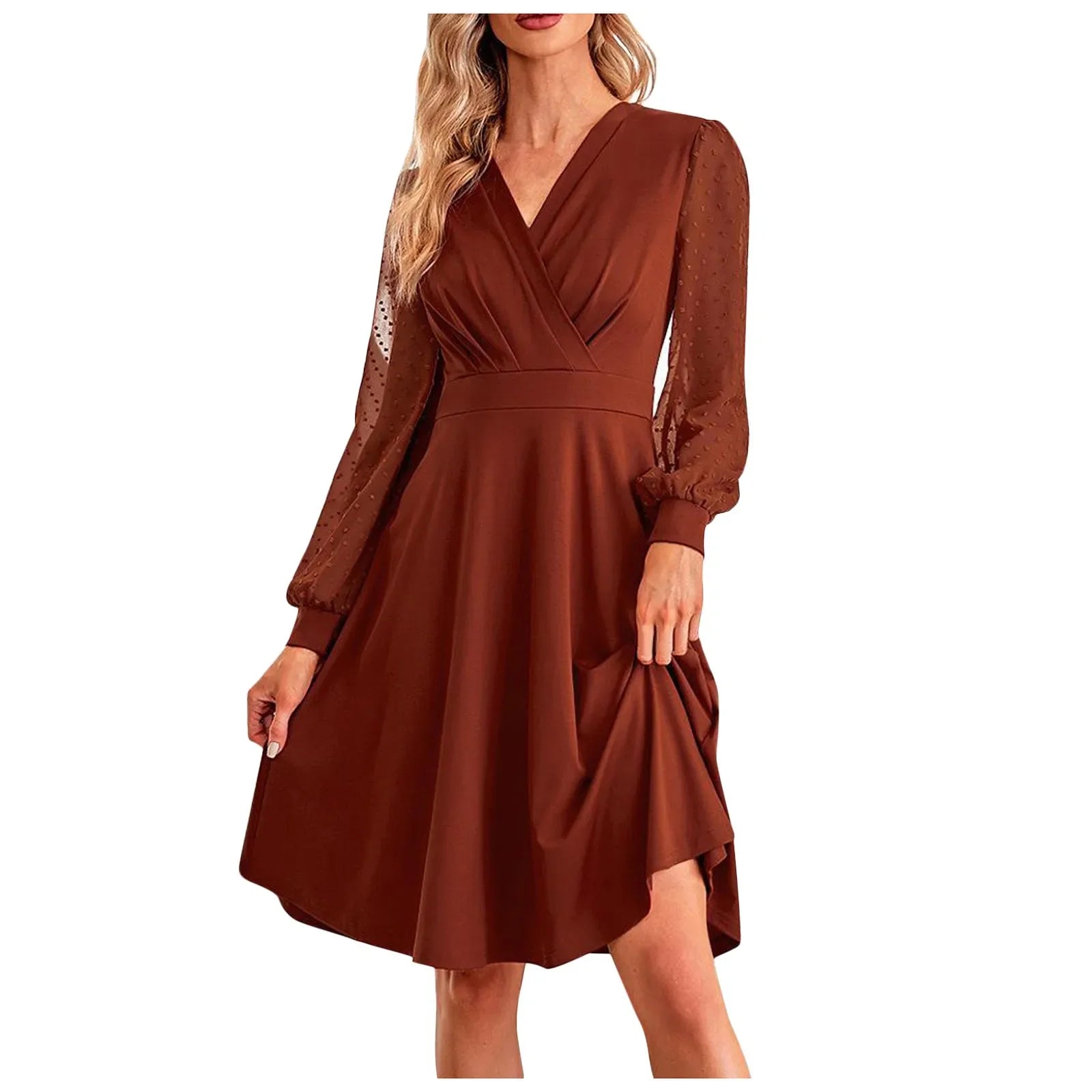 Women's Casual V Neck Long Sleeve Slim Dress Everyday Wear