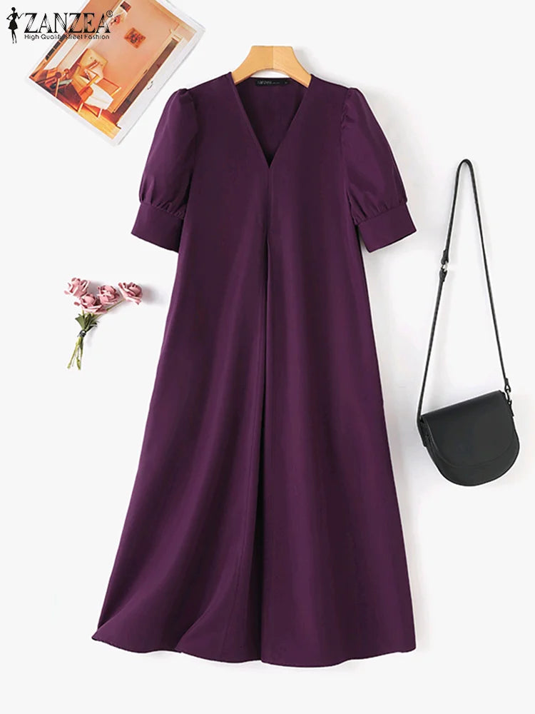 V Neck Puff Sleeve Midi Dress Solid Color Casual Wear