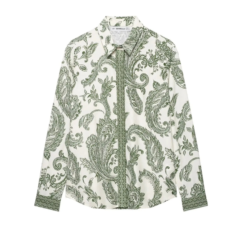 Women's Green Paisley Totem Flower Print Business Blouse Casual Retro Shirt with Turn-Down Collar and Button Closure