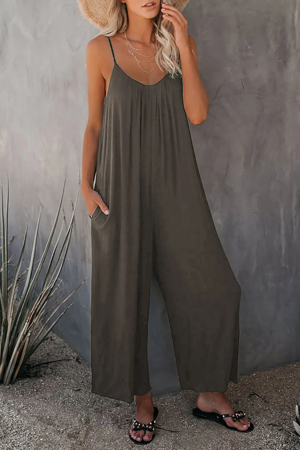 Women's Summer Strap Jumpsuit with Solid Color Design and Convenient Side Pockets Casual Lightweight Romper
