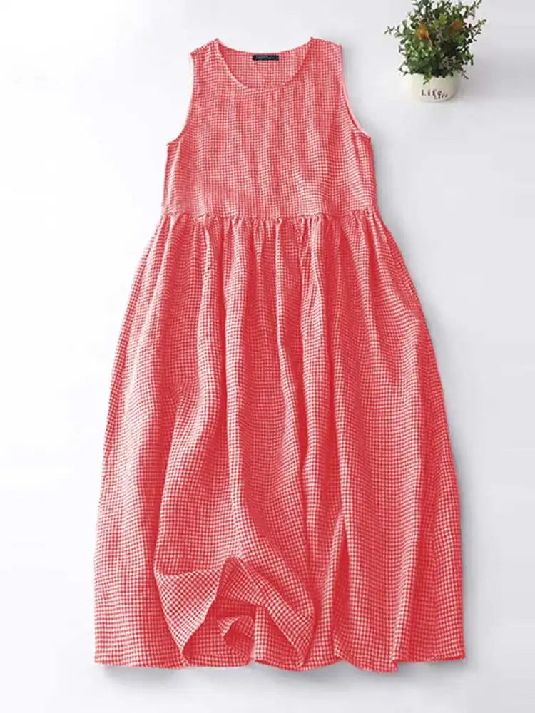 Checkered Sundress Sleeveless Long Casual Summer Tank Dress