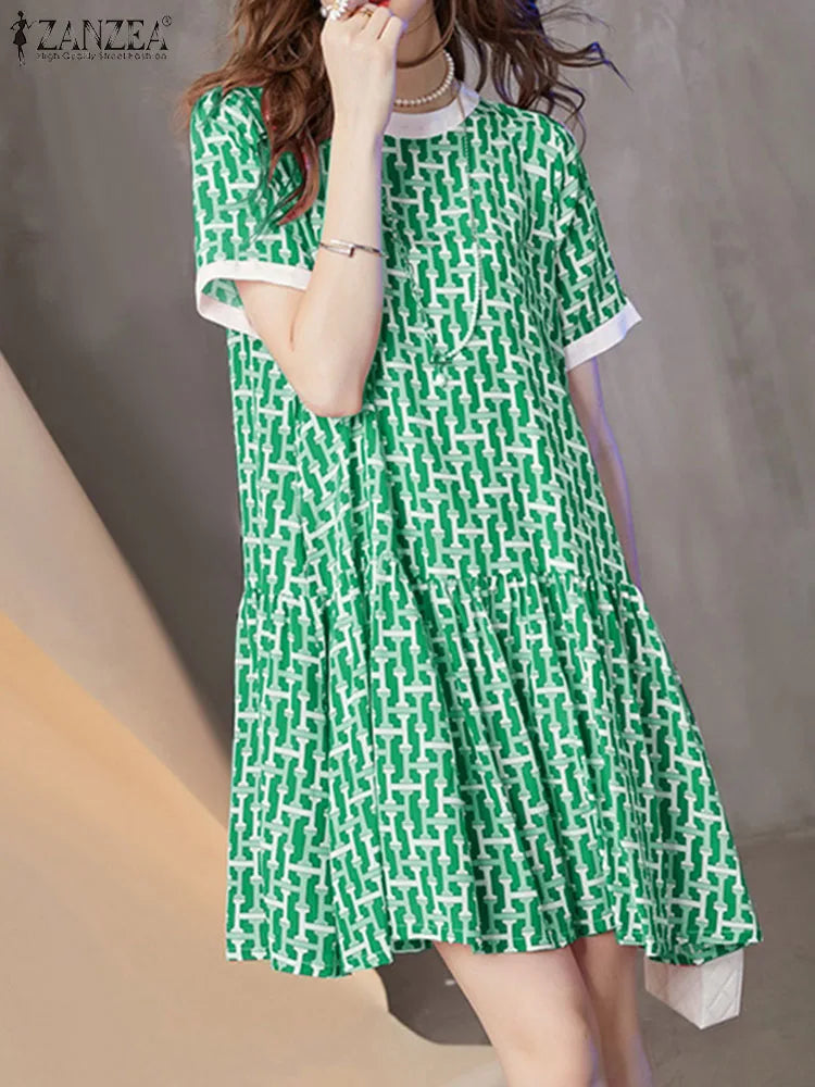 Boho Printed Sundress Knee Length Short Sleeve Dress