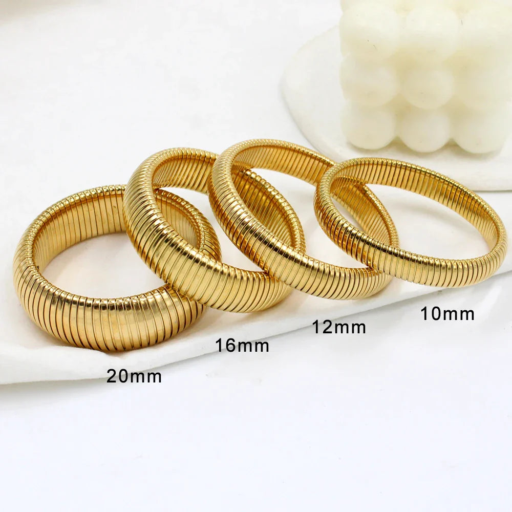 304L Stainless Steel Elastic Bracelet for Women with 18k Gold Plated Charm Wide Chunky Metal Spiral Bangle Waterproof Fashion Jewelry