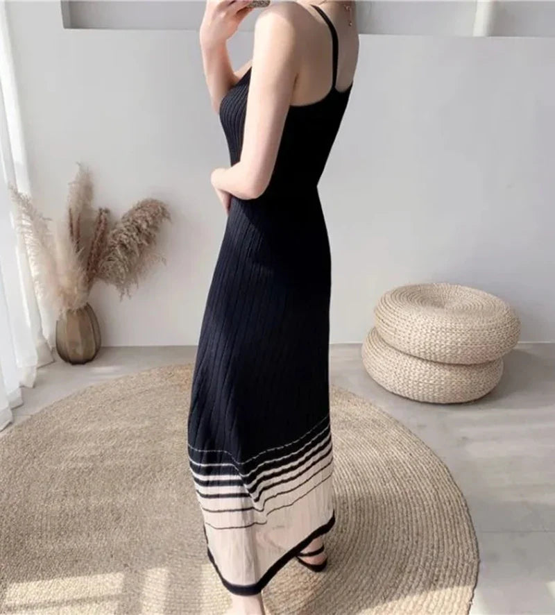 Striped Midi Dress Mesh Korean Patchwork Spaghetti Strap