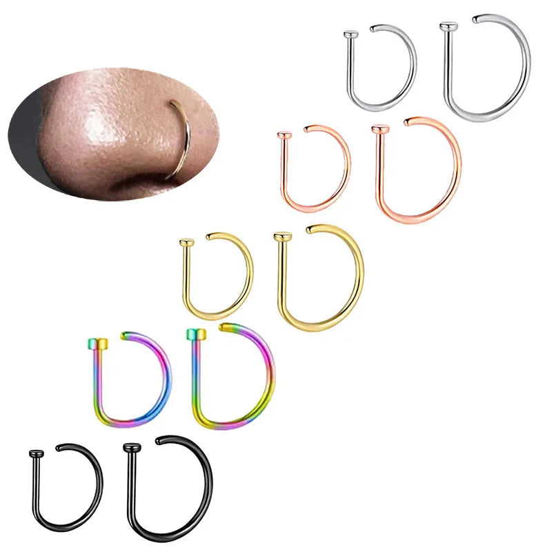 D-Shape Septum Nose Ring Clip On 316L Stainless Steel Fake Piercing Jewelry for Men and Women, 1/3/5 Pieces