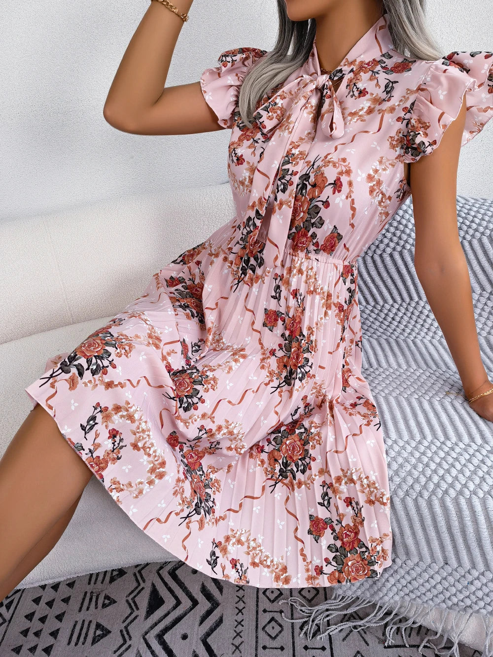 Womens Floral Print Bow Dress With Slim Pleated Waist
