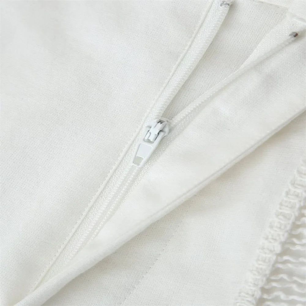 Women White Long Sleeve Blouse and Wide Leg Pants Set with Lace Trim Elegant Design