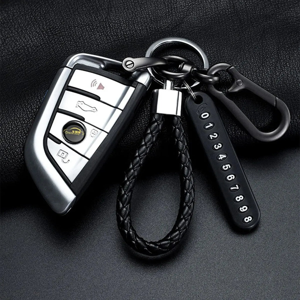 Trendy DIY Mobile Phone Number Plate Keychain for Men with Woven Leather Rope and Anti-Lost Design